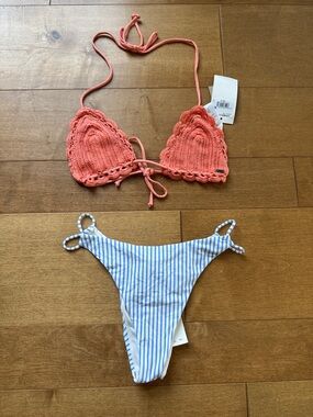 O'Neill Coral Crochet Triangle Bikini Top with Blue-White Striped Bottom